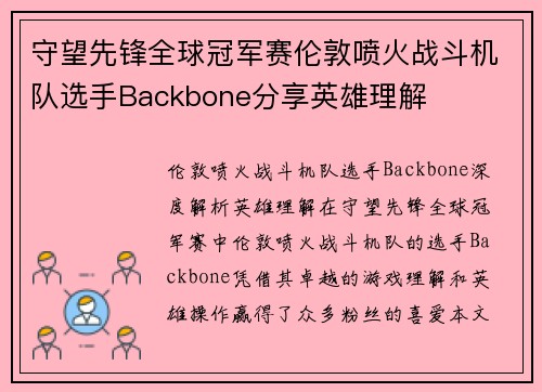 守望先锋全球冠军赛伦敦喷火战斗机队选手Backbone分享英雄理解