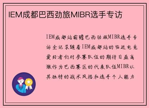 IEM成都巴西劲旅MIBR选手专访
